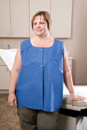 Vest Exam, AmpleWear®, Snap Closure,  Front Opening, Nonwoven, Blue Front, White Back 36″ x 30″ (50/CS) by Graham Medical  ID 53158